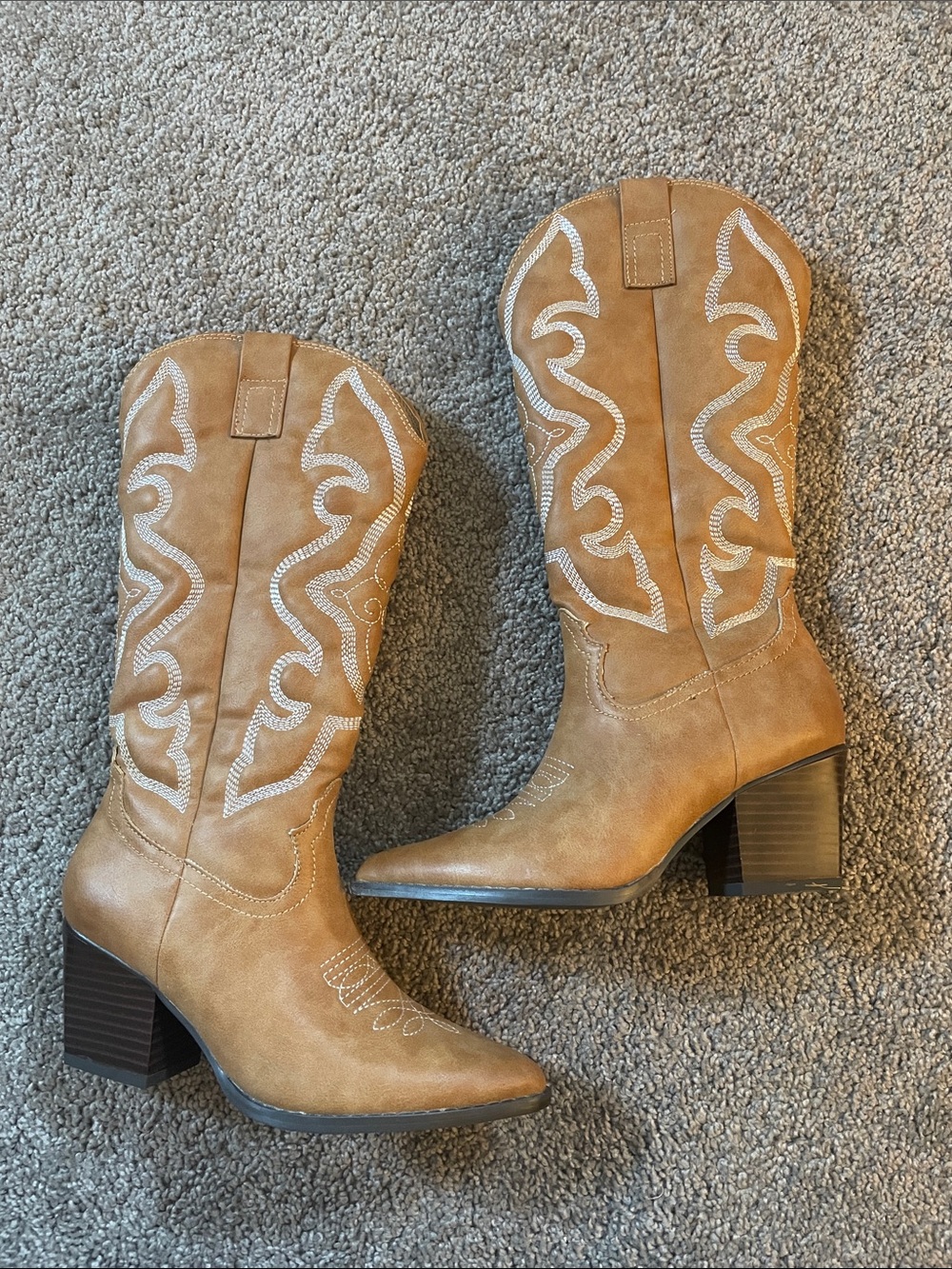 Tan Western-Style Mid-Heel Boots for Women